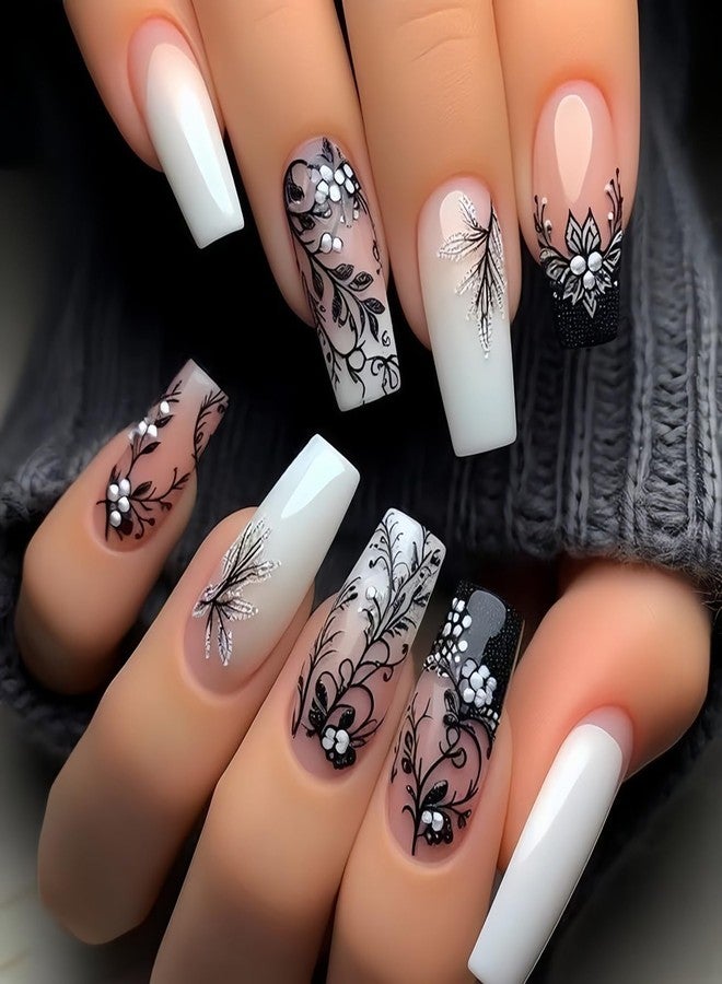 CJDLTS Press on Nails Medium Length Ballet Shaped Black Branches Pattern Design Glossy Medium Acrylic False Nail Full Cover Artificial Press Ons Stick on Nail French Glue on Nails for Women 24Pcs - Image 1
